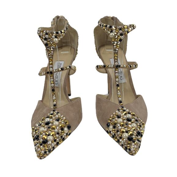$1,750 Jimmy Choo Sanoi Crystals Tan Suede Embellished Shoes Size 38 (8) - Picture 5 of 12